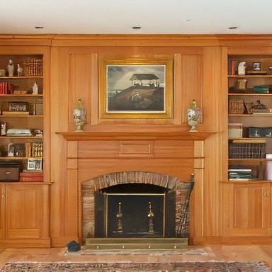 A great example of select edge grain heart pine cabinetry, shelving and mouldings; Select grade heart pine flooring shown - E.T. Moore Custom Home