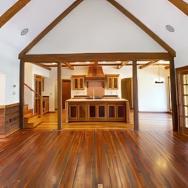 Our Original Finish Flooring is laid in a Random Width pattern. Notice the Original Finish Wainscoting on the left. The simplicity and functionality of this kitchen was everything the homeowners desired. - E.T. Moore Custom Home
