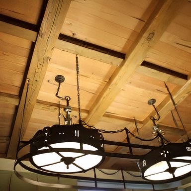 This Coffered Ceiling was created with Reclaimed Douglas Fir Beams and Sawn Douglas Fir Skins to create the panels. Our skin products range in thickness from 1/8