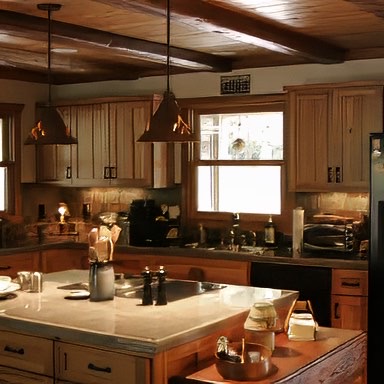 This Blue Ridge Mountains custom home features a unique and rustic kitchen built of wormy chestnut cabinets mixed with heart pine beams and an antique spruce ceiling. - E.T. Moore Custom Home